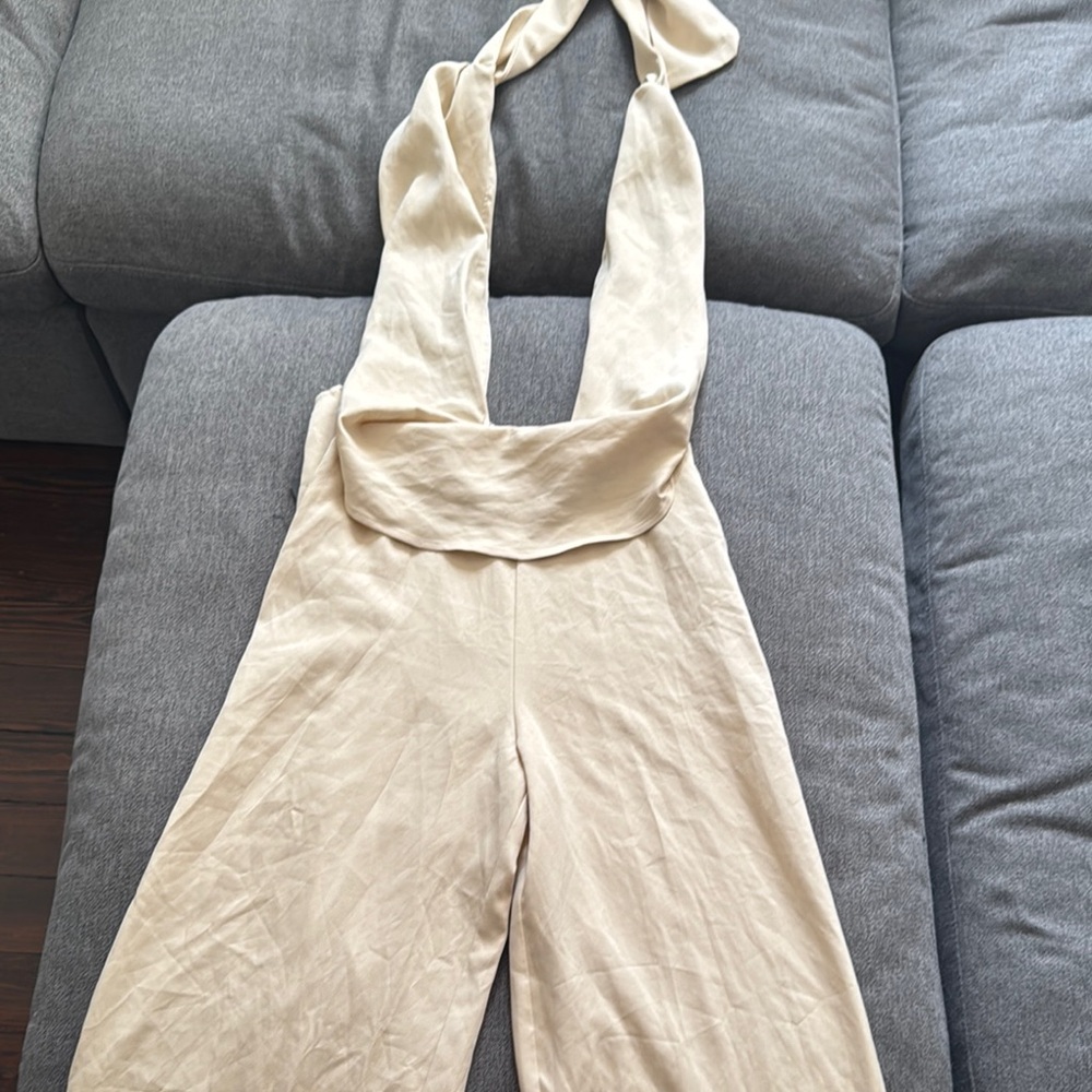 PrettyLittleThing Cream Halter Jumpsuit
